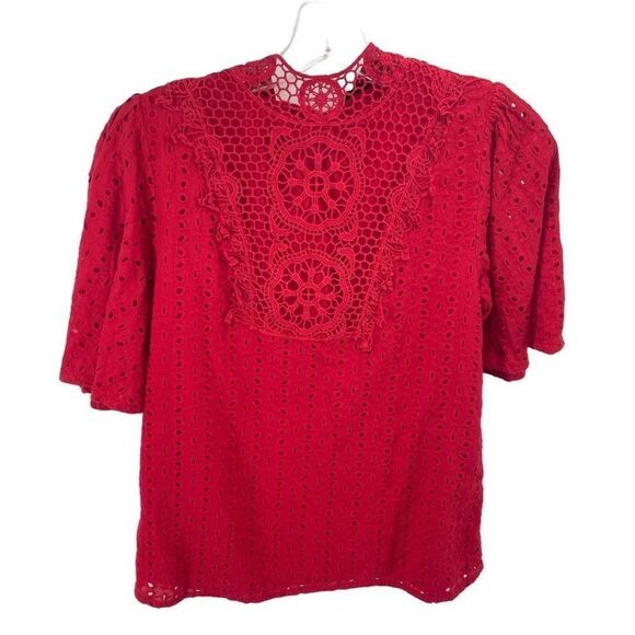 Shein Womens Blouse Top Eyelet Embroidered 100% Cotton Short Sleeve Red Small - Picture 1 of 13